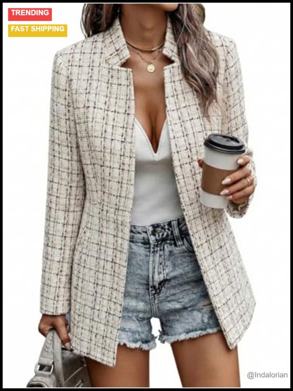 Women's Herringbone Tweed Blazer Long Plaid Jacket Fall Winter